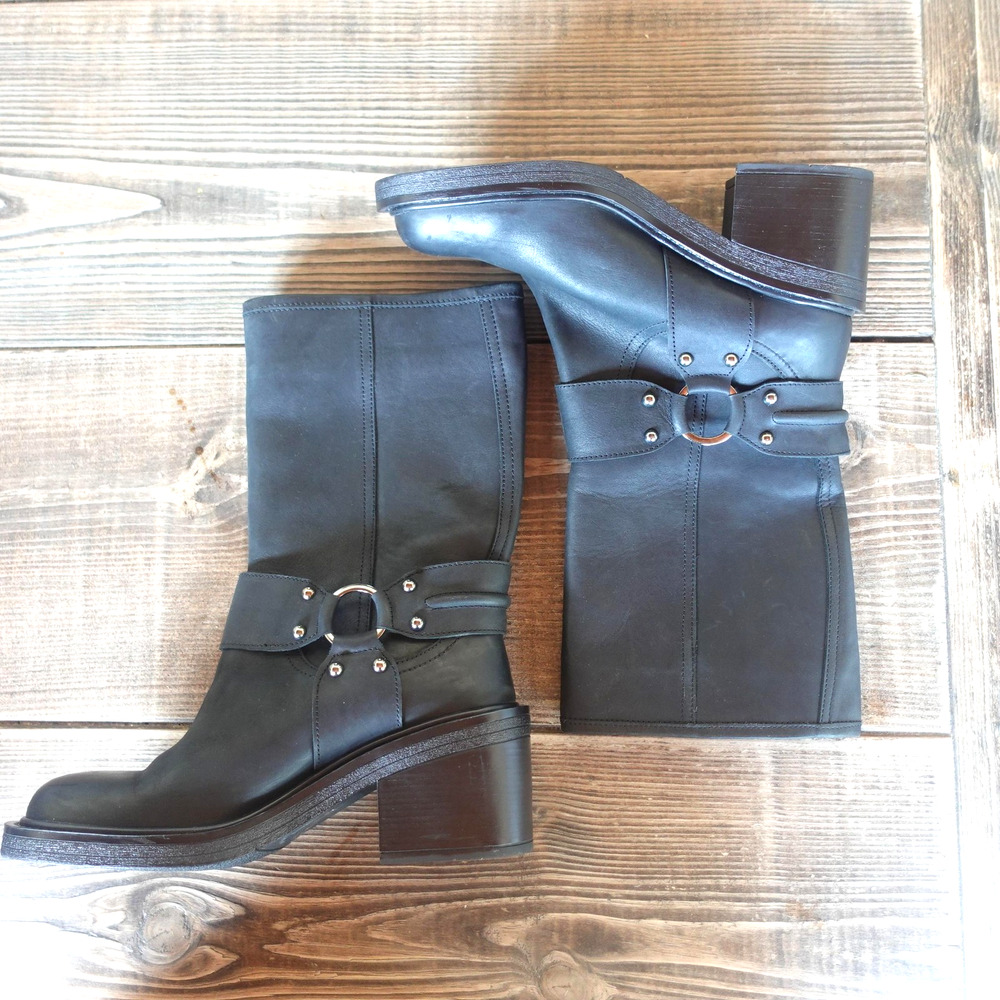 Aqua Biker Boots Womens Size 10 Black Leather Buckled Block Heel Moto Boot‎ $216